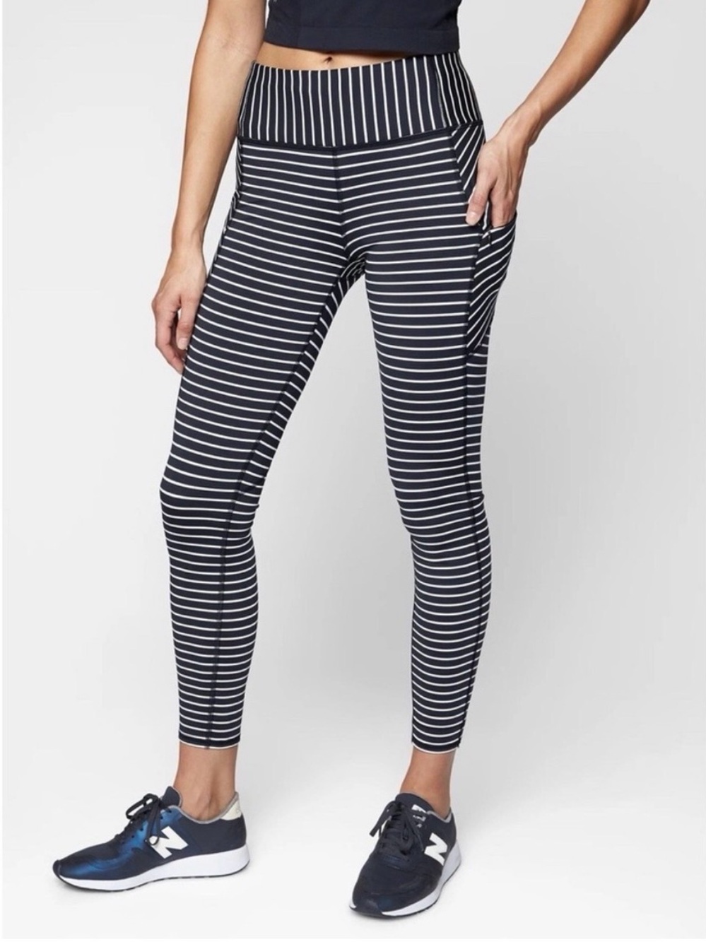 Athleta Navy & White Striped Contender 7/8 Tight